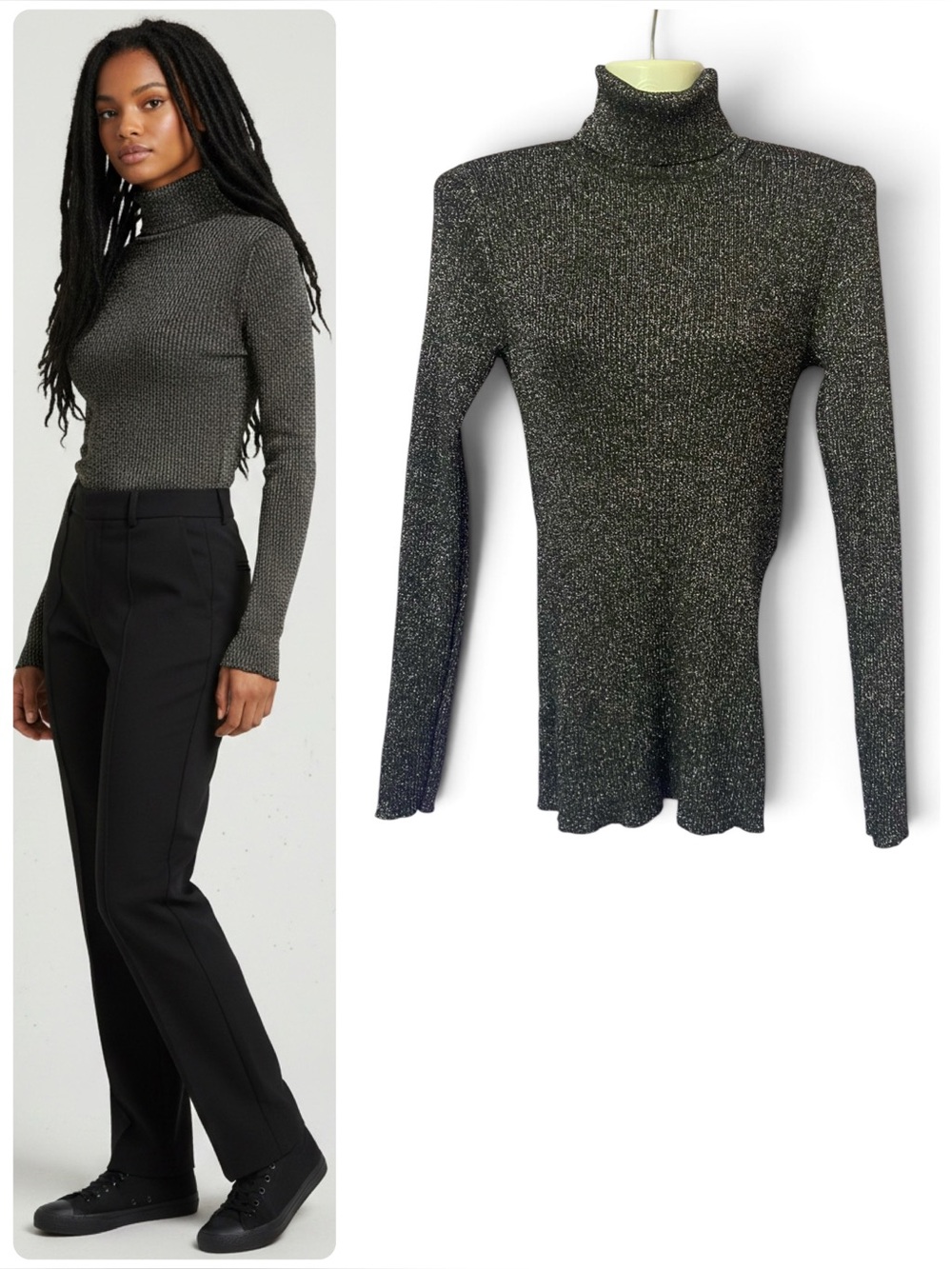 Express Silver & Black Metallic Women’s Large Turtleneck Long Sleeve Sweater Top
